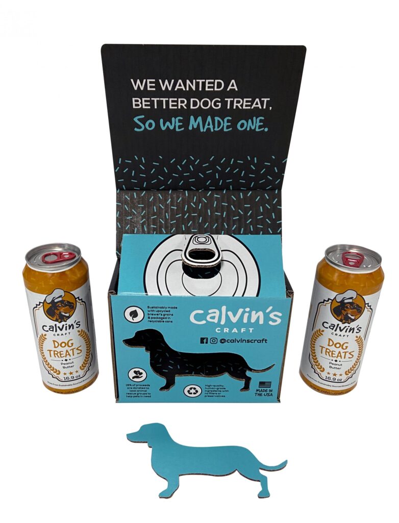 A custom corrugated package design by Morrisette Packaging. The soft blue package holds up-cycled beer cans that deliver dog treats for Calvin's Craft dog treats. 