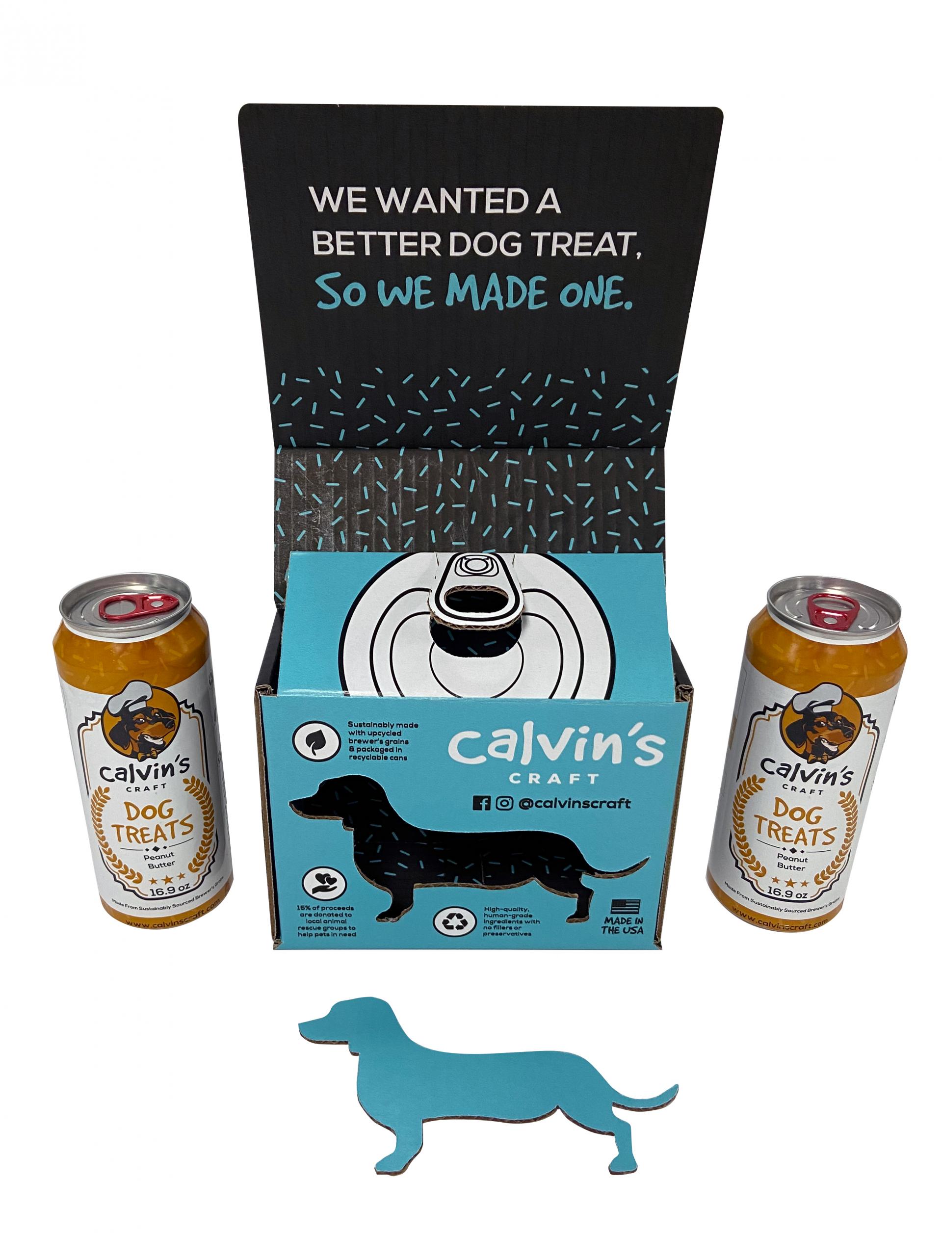 A custom corrugated package design by Morrisette Packaging. The soft blue package holds up-cycled beer cans that deliver dog treats for Calvin's Craft dog treats.