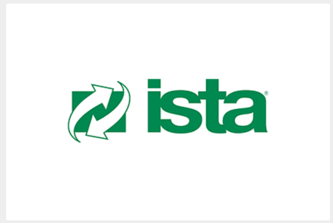 The logo for the International Safe Transit Association (ISTA). Green letters on a white background. Two arrows wrap around each other and point in opposite directions. 