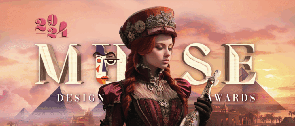 Muse Design Awards Artwork showing a woman in regal clothing with a hat and gown. She holds and admires an award statue.