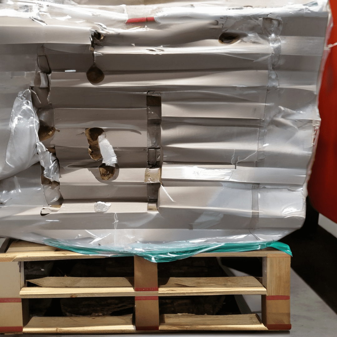 a poorly wrapped pallet holding damaged packages.