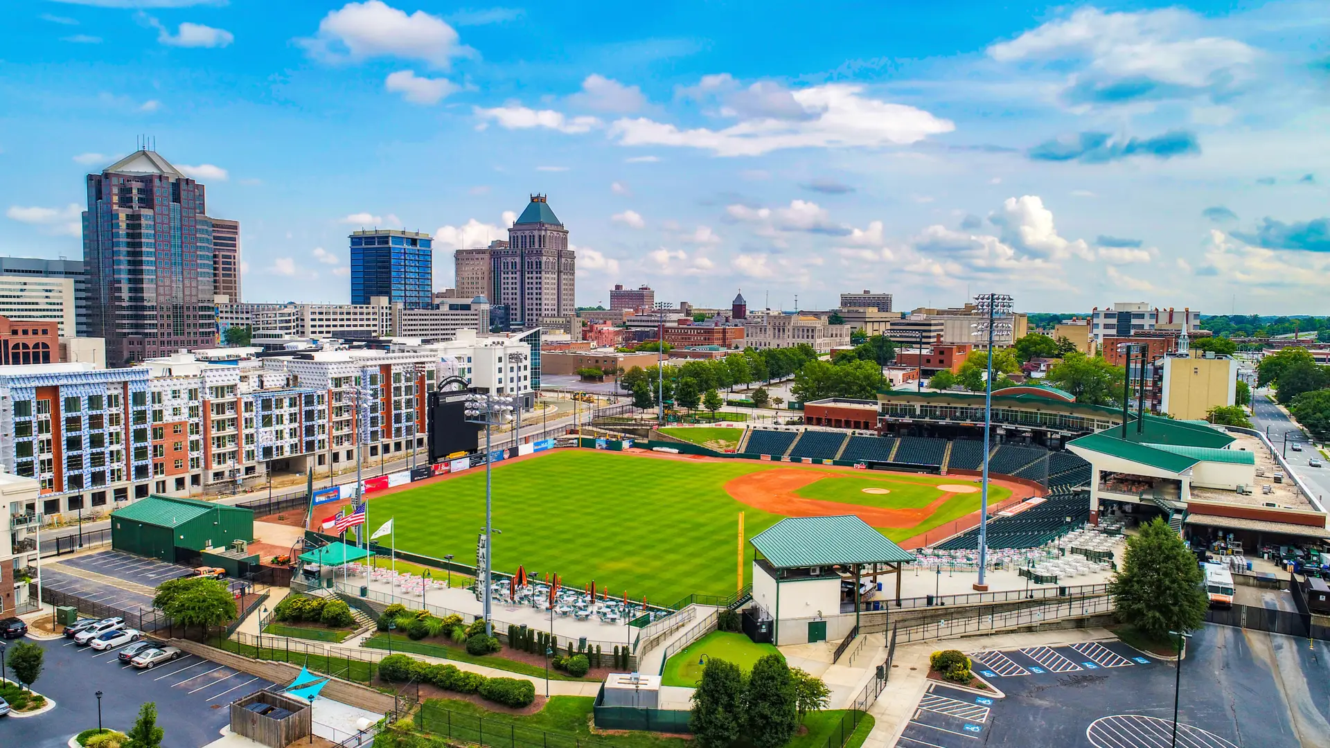 Aerial view of Downtown Greensboro, NC skyline